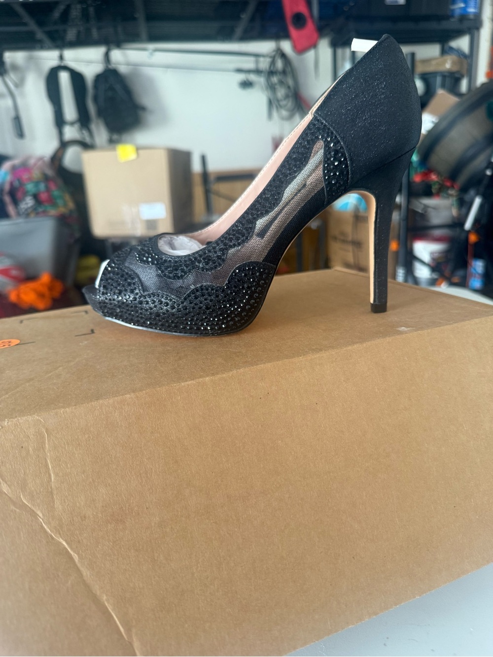 Dream Pairs Black Mesh & Rhinestone Peep-Toe Stiletto
